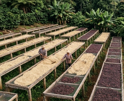 Coffee drying beds in Laos