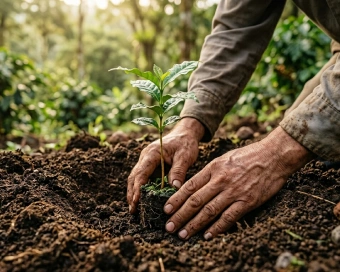 Young coffee plant in hands